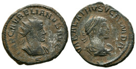 AURELIANO y VABALATO. Antoniniano. (Ae. 3,63g/21mm). 270-272 d.C. Antioquía. (RIC 381). Anv: Busto radiado y drapeado de Aureliano a derecha, alrededo...