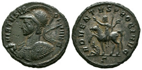 PROBO. Antoniniano. (Ae. 4,42g/22mm). 277 d.C. Cícico. (RIC 904). Anv: Busto con casco y coraza de Probo a izquierda portando lanza, alrededor leyenda...
