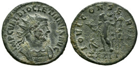 DIOCLECIANO. Antoniniano. (Ae. 3,89g/22mm). 286 d.C. Ticinum. (RIC 223). Anv: Busto radiado y con coraza de Diocleciano a derecha, alrededor leyenda: ...