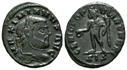 MAXIMIANO. 1/4 Follis. (Ae. 2,12g/20mm). 305 d.C. Siscia. (RIC 146). Anv: Cabeza laureada de Maximiano a derecha, alrededor leyenda: MAXIMIANVS AVG. R...