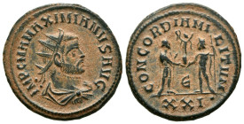 MAXIMIANO. Antoniniano. (A. 4,28g/22mm). 293-294 d.C. Cícico. (RIC 607). Anv: Busto radiado y drapeado con coraza de Maximiano a derecha, alrededor le...