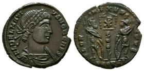 DELMACIO. Follis. (Ae. 1,62g/16mm). 336 d.C. Arelate. (RIC 398). Anv: Busto diademado y drapeado de Delmacio a derecha, alrededor leyenda: FL DELMATIV...