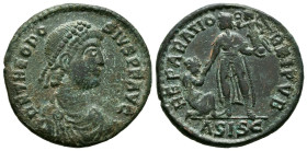 TEODOSIO I. Follis. (Ae. 5,48g/24mm). 378-383 d.C. Siscia. (RIC 26c.3). Anv: Busto diademado y con coraza de Teodosio I a derecha, alrededor leyenda: ...