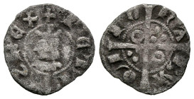 PEDRO III (1336-1387). Obol (Ve. 0,31g/13mm). Barcelona. (Cru-VS-423). Anv: efigie coronada a izquierda con diferentes adornos, leyenda: PETRVS REX. R...