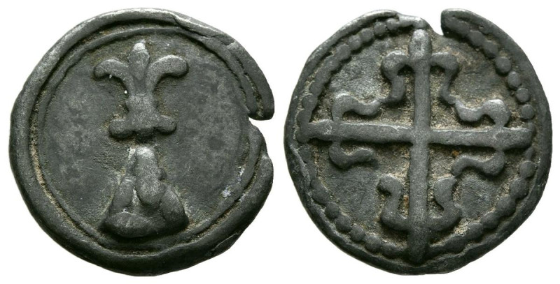 MONTUIRI. Plomo. (Pb. 2,18g/16mm). Mallorca. (Cru. 2415). Anv: Lirio sobre colin...