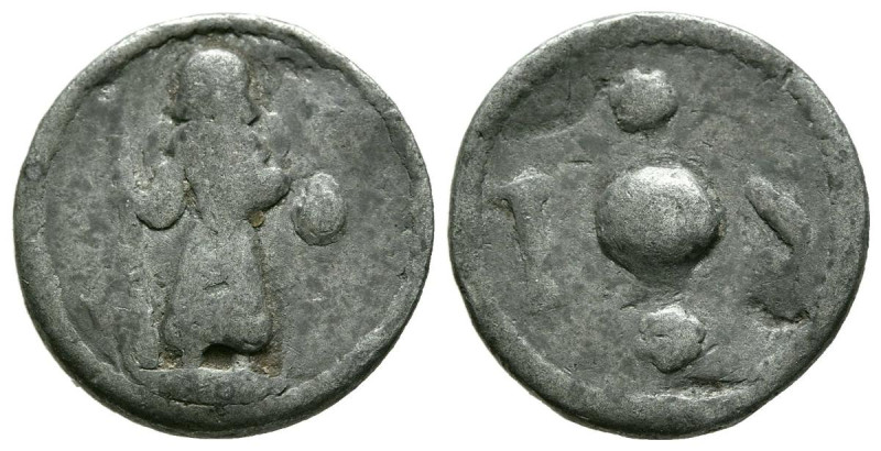 SAN JAIME. Plomo. (Pb. 2,52g/17mm). Mallorca. (Cru. 2420). Anv: Figura estante d...