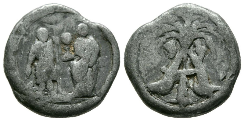 PORRERES. Plomo. (Pb. 5,01g/18mm). Mallorca. (Cru. 2449). Anv: Dos figuras estan...