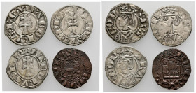 Conjunto de 4 monedas medievales, de las cuales, tres Dineros de Jaime I y un Novén de Alfonso X de Murcia. A EXAMINAR.