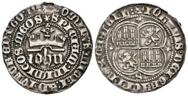 JUAN I (1379-1390). Real (Ar. 3,47g/27mm). S/D. Sevilla. (FAB-539.1). Anv: IOHN coronado, alrededor leyenda en dos líneas: DOMINVS MICHI ADIVTOR ET EG...