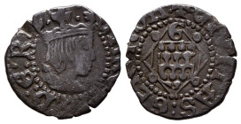 CARLOS I (1516-1556). Diner (Ae. 0,77g/14mm). S/D (1553). Gerona. (Cal-2019-6). Busto a derecha y G sobre escudo. MBC. Bonito ejemplar, escaso así.