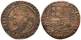 FELIPE II (1556-1598). Jetón (Ae. 4,55g/28mm). 1754. En esta fecha Felipe II no era aún Rey de España pero si de Nápoles y Sicilia. MBC+. Muy raro....