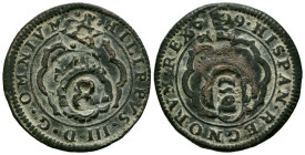 FELIPE III (1598-1621). 4 Maravedís. (Ve. 5,78g/28mm). 1599. Segovia. (Cal-2019-248). Doble resello a VIII y XII maravedís durante el reinado de Felip...