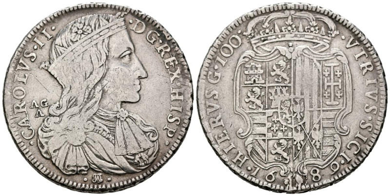 CARLOS II (1665-1700). 100 Grana (Ar. 25,08g/41mm). 1689. Nápoles AG/A. (Vicenti...