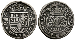 CARLOS III, El Pretendiente (1700-1714). 2 Reales. (Ar. 4.25g/27mm). 1708. Barcelona. (Cal-2019-29). MBC-.