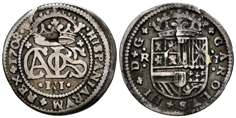 CARLOS III, el Pretendiente (1700-1714). 2 Reales. (Ar. 4,04g/27mm). 1708. Barce...