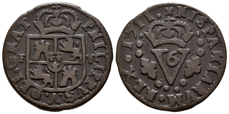 FELIPE V (1700-1746). 1 Sisó (Ae. 6,30g/25mm). 1711. (Cal-2019-13). MBC.