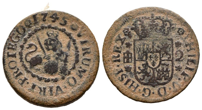 FELIPE V (1700-1746). 2 Maravedís. (Ae. 3,46g/21mm). 1745. Segovia. (Cal-2019-74...