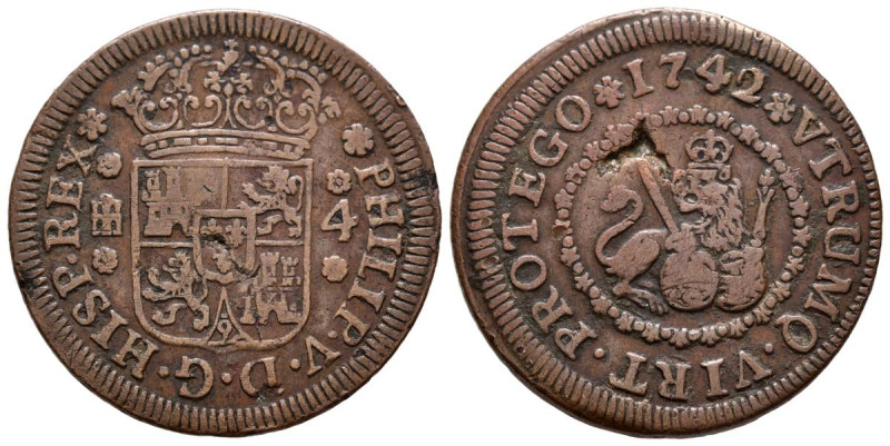 FELIPE V (1700-1746). 4 Maravedís. (Ae. 6,86g/28mm). 1742. Segovia. (Cal-2019-94...