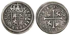FELIPE V (1700-1746). 1/2 Real. (Ar. 1,32g/16mm). 1719. Cuenca JJ. (Cal-2019-105). MBC.
