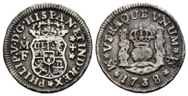 FELIPE V (1700-1746). 1/2 Real (Ar. 1,57g/16mm). 1738. México MF. (Cal-2019-261). Ensayador en anverso. MBC.