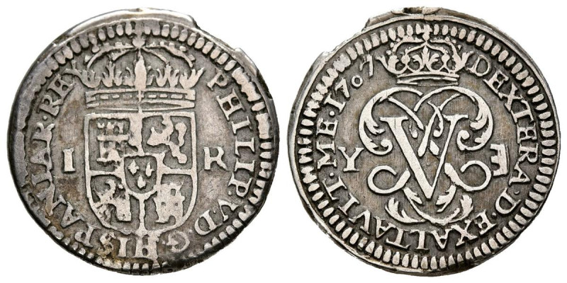 FELIPE V (1700-1746). 1 Real (Ar. 2.65g/20mm). 1707. Segovia Y. (Cal-2019-621). ...