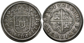 FELIPE V (1700-1746). 2 Reales. (Ar. 5,75g / 27mm). 1723. Segovia F. (Cal-2019-958). MBC+. Muesca en el canto.