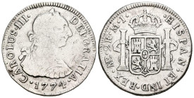 CARLOS III (1759-1788). 2 Reales. (Ar. 6,44g/28mm). 1774. Lima MJ. (Cal-2019-587). BC+/MBC-. Limpiada.