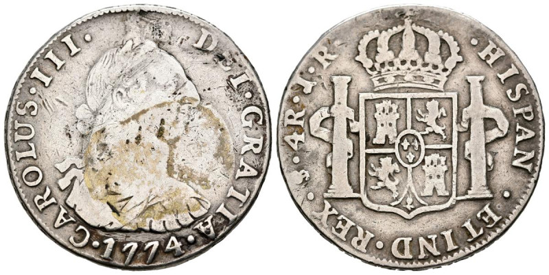 CARLOS III (1759-1788). 4 Reales (Ar. 13,07g/33mm). 1774. Potosí JR. (Cal-2019-9...