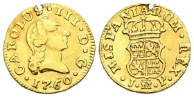 CARLOS III (1759-1788). 1/2 Escudo. (Au. 1,65g/15mm). 1760. Madrid JP. (Cal-2019-1243). BC+. Pequeño agujero a las 12h. Usada como joya.