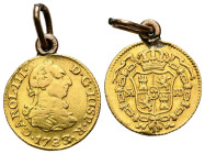 CARLOS III (1759-1788). 1/2 Escudo. (Au. 1,70g /15mm). 1783. Madrid JD. (Cal-2019-1262). MBC-. Engarzada. Usada como joya.