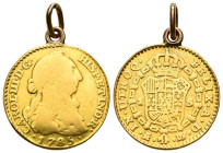 CARLOS III (1759-1788). 1 Escudo. (Au. 3,40g/18mm). 1785. Madrid DV. (Cal-2019-1366). BC+. Colgada. Usada como joya.