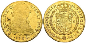 CARLOS III (1759-1788). 8 Escudos. (Au. 26,98g/38mm). 1788. Lima IJ. (Cal-2019-1953). EBC/EBC-. Hojas saltadas en anverso. Precioso ejemplar. Conserva...