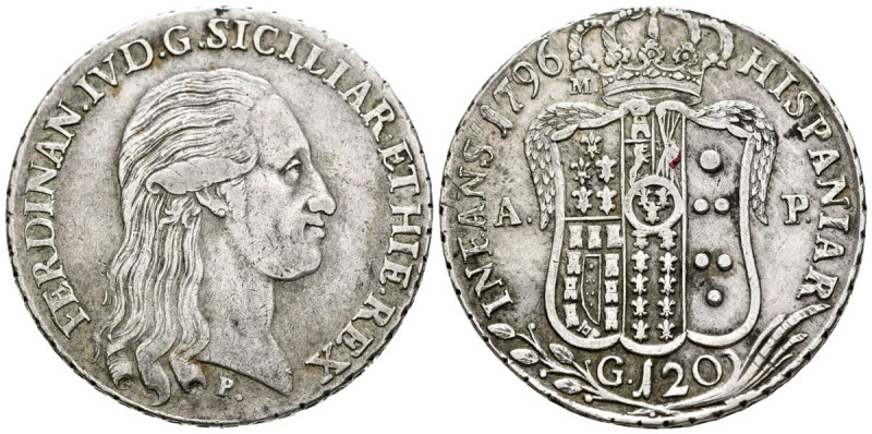 FERNANDO IV de Nápoles (1759-1816). 120 Grana. (Ar. 27,60g/40mm). 1796. Nápoles....