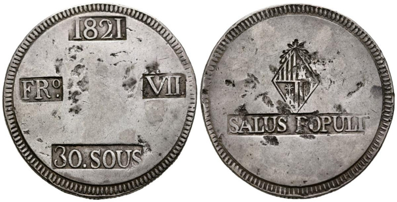 FERNANDO VII (1808-1833). 30 Sous. (Ar. 26,560g /41mm). 1821. Mallorca. (Cal-201...