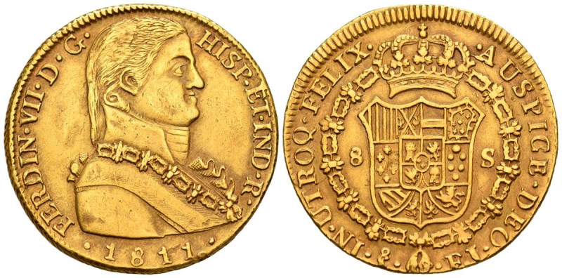 FERNANDO VII (1808-1833). 8 Escudos (Au. 27,02g/37mm). 1811. Santiago FJ. Busto ...