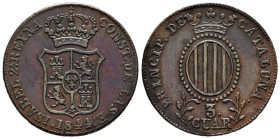 ISABEL II (1833-1868). 3 Cuartos. (Ae. 7,28g/26mm). 1844. Barcelona. (Cal-2019-11). MBC+. Precioso tono.