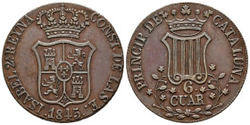 ISABEL II (1833-1868). 6 Cuartos. (Ae. 13,24g/32mm). 1845. Barcelona. (Cal-2019-28). Flores de 5 pétalos. EBC-. Precioso tono.