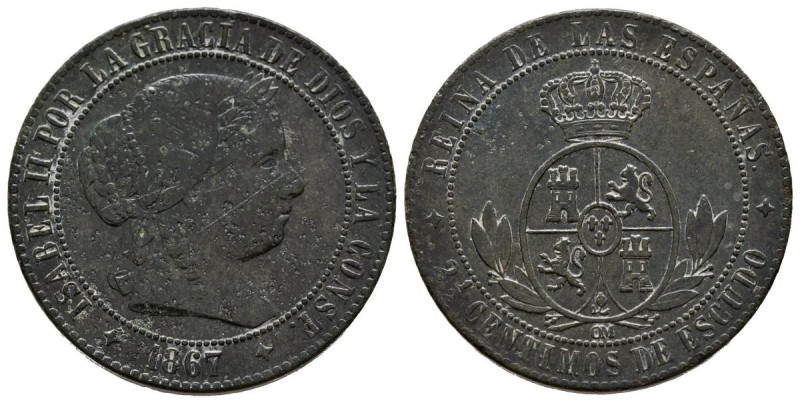 ISABEL II (1833-1868). 2 2/1 Céntimos de Escudo. (Ae. 5,67g/25mm). 1867. Jubia. ...