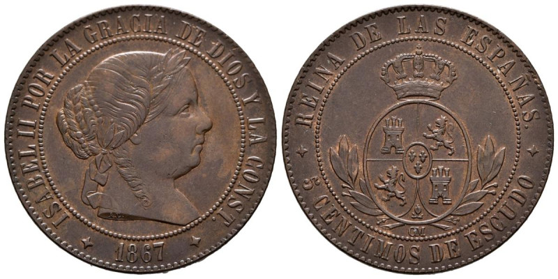 ISABEL II (1833-1868). 5 Céntimos de Escudo. (Ae. 12.42g/ 32mm). 1867. Jubia OM....