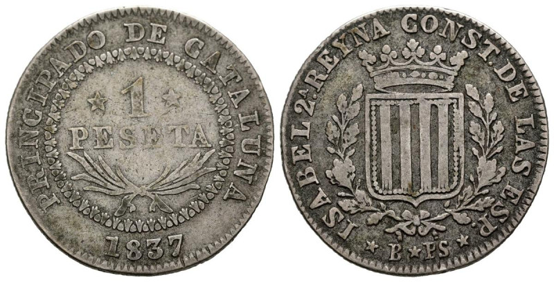 ISABEL II (1833-1868). 1 Peseta. (Ar. 5.62g/25mm). 1837. Barcelona PS. (Cal-2019...