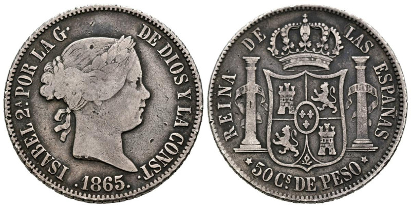 ISABEL II (1833-1868). 50 Centavos de Peso. (Ar. 12,72g/30mm). 1865. Manila. (Ca...