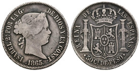 ISABEL II (1833-1868). 50 Centavos de Peso. (Ar. 12,72g/30mm). 1865. Manila. (Cal-2019-662). MBC. Muy escasa.