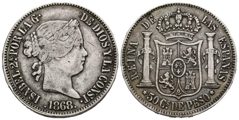 ISABEL II (1833-1868). 50 Centavos. (Ar. 12,90g/29mm). 1868. Manila. (Cal-2019-6...