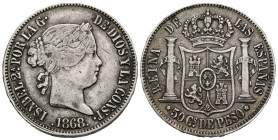 ISABEL II (1833-1868). 50 Centavos. (Ar. 12,90g/29mm). 1868. Manila. (Cal-2019-667). MBC-.