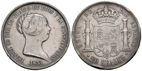 ISABEL II (1833-1868). 20 Reales. (Ar. 25,80g/37mm). 1851. Madrid. (Cal-2019-593). MBC. Bonito tono. Limpiada. Golpes en el canto.