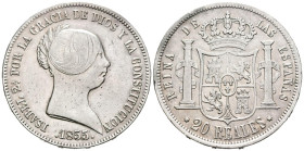 ISABEL II (1833-1868). 20 Reales. (Ar. 25,86g/37mm). 1855. Sevilla. (Cal-2019-632). MBC+.