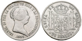 ISABEL II (1833-1868). 20 Reales. (Ar. 25,62g/37mm). 1855. Sevilla. (Cal-2019-632). MBC+.