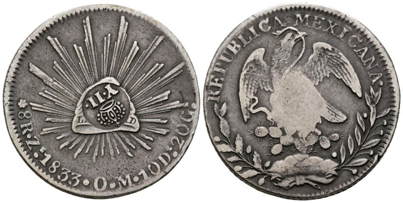 ISABEL II (1833-1868). 1 Peso (Ar. 26,60g/38mm). 1833. Zacatecas OM Sobre pieza ...