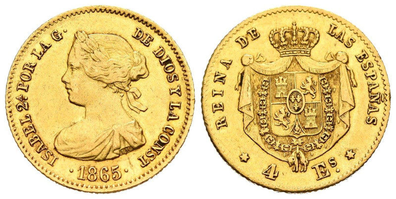 ISABEL II (1833-1868). 4 Escudos. (Au 3,36g /18mm). 1865. Madrid. (Cal-2019-688)...