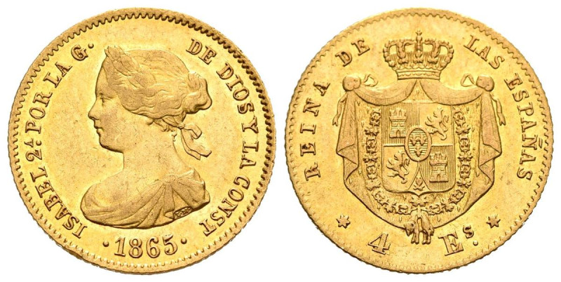 ISABEL II (1833-1868). 4 Escudos. (Au 3,34g /18mm). 1865. Madrid. (Cal-2019-688)...